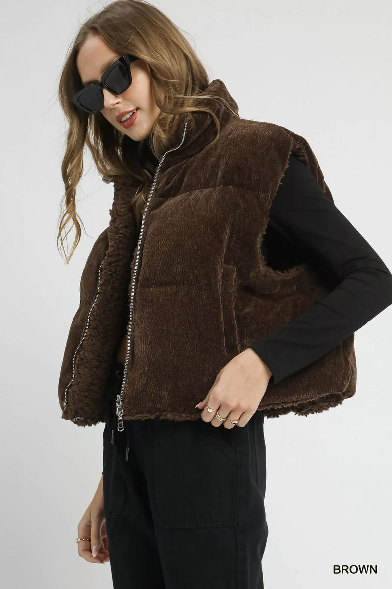 Sherpa-Lined Zip Vest with Drawstring Hem
