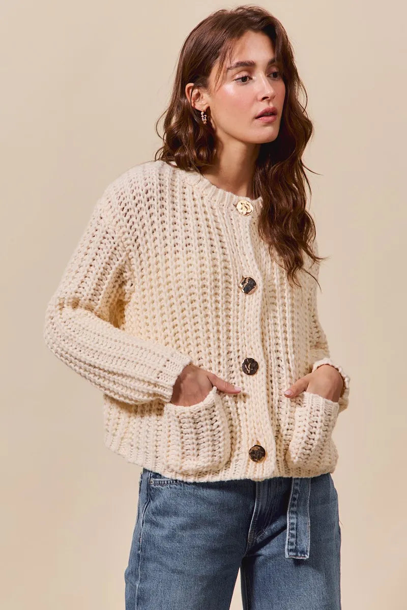 SO ME Metal Button Long Sleeve Chunky Sweater Cardigan-Reef Love Boutique