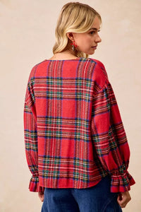 Christmas Plaid V-Neck Flounce Sleeve Jacket