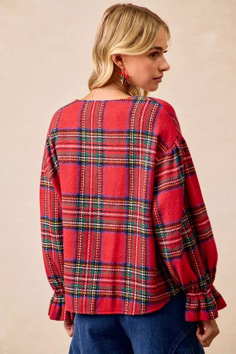 Christmas Plaid V-Neck Flounce Sleeve Jacket