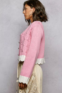 Pink Button Down Cable-Knit Cardigan-POL-Reef Love