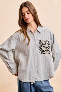 Flower Jacquard Knit Patch Pocket Stripe Shirt-BiBi-Reef Love