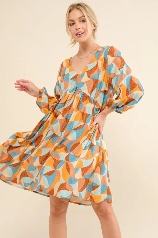 Printed Open Back Puff Sleeve Casual Dress-The printed open back puff sleeve casual dress is a trendy and playful option for a fun and stylish look. The printed design adds a pop of color to the dress.-Reef Love Boho-Chic Boutique