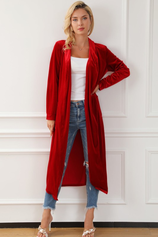 Velvet Open-Front Pocketed Longline Duster Cardigan-JUNIPER BLVD-Reef Love