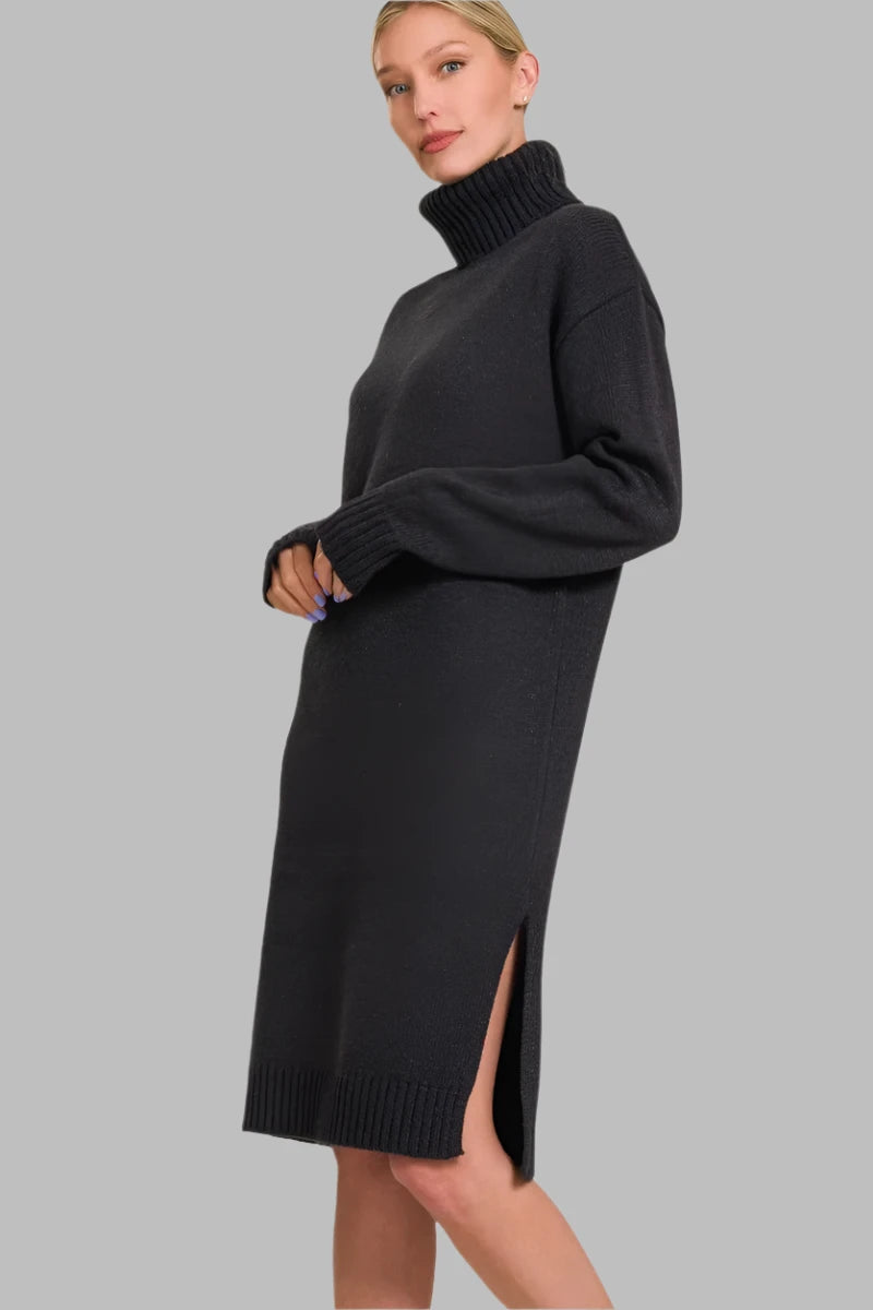 Woman wearing Turtle Neck Long Sleeve Midi Sweater Dress, Black-Turtle Neck Long Sleeve Midi Sweater Dress, a cozy and chic addition to your fall and winter wardrobe. This dress is perfect for casual and dressier occasions.