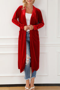 Velvet Open-Front Pocketed Longline Duster Cardigan-JUNIPER BLVD-Reef Love