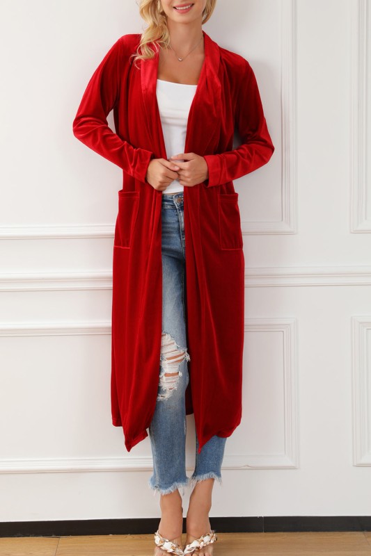 Velvet Open-Front Pocketed Longline Duster Cardigan-JUNIPER BLVD-Reef Love
