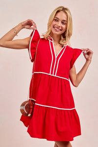Gameday Ruffle Tier Mini Dress-Get gameday ready in this red tiered dress with contrast binding and ruffled details. A sporty-chic cotton favorite with playful details ready for football. -Reef Love Boutique