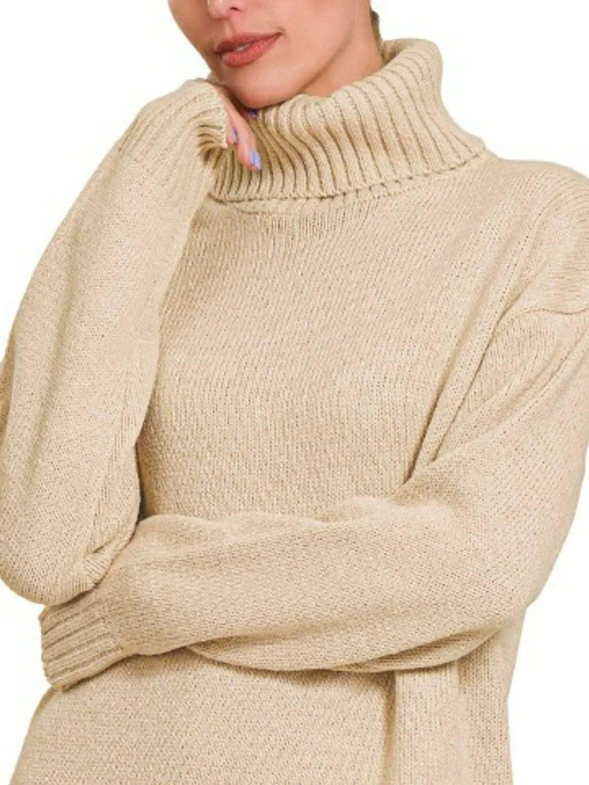 Woman wearing Turtle Neck Long Sleeve Midi Sweater Dress, Beige-Turtle Neck Long Sleeve Midi Sweater Dress in beige, a cozy and chic addition to your fall or winter wardrobe. Perfect for casual and dressier occasions. 
