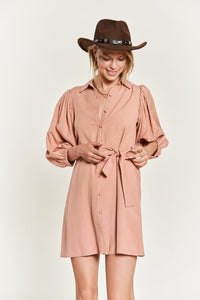 Half-Sleeve Belted Mini Shirt Dress-Chic half sleeve belted mini shirt dress with button-down front and balloon sleeves. Lightweight linen-viscose blend, perfect for warm-weather style.-Reef Love Boho-Chic Boutique