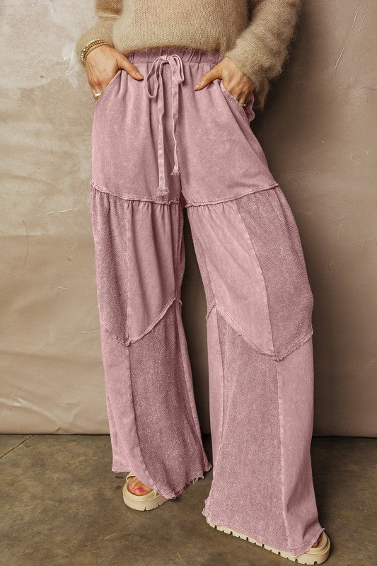 Mineral Wash Patchwork Tiered Wide Leg Comfy Pants-JUNIPER BLVD-Reef Love