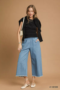 Washed Fringe Hem Wide Leg Jeans