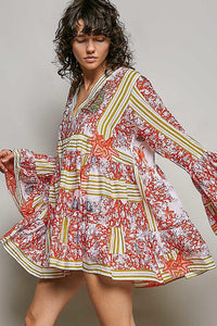 POL Striped Floral Mini Dress: vibrant coral, starfish print, V-neck, long ruffle sleeves, tiered cotton design.
