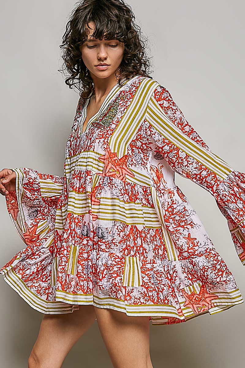 POL Striped Floral Mini Dress: vibrant coral, starfish print, V-neck, long ruffle sleeves, tiered cotton design.