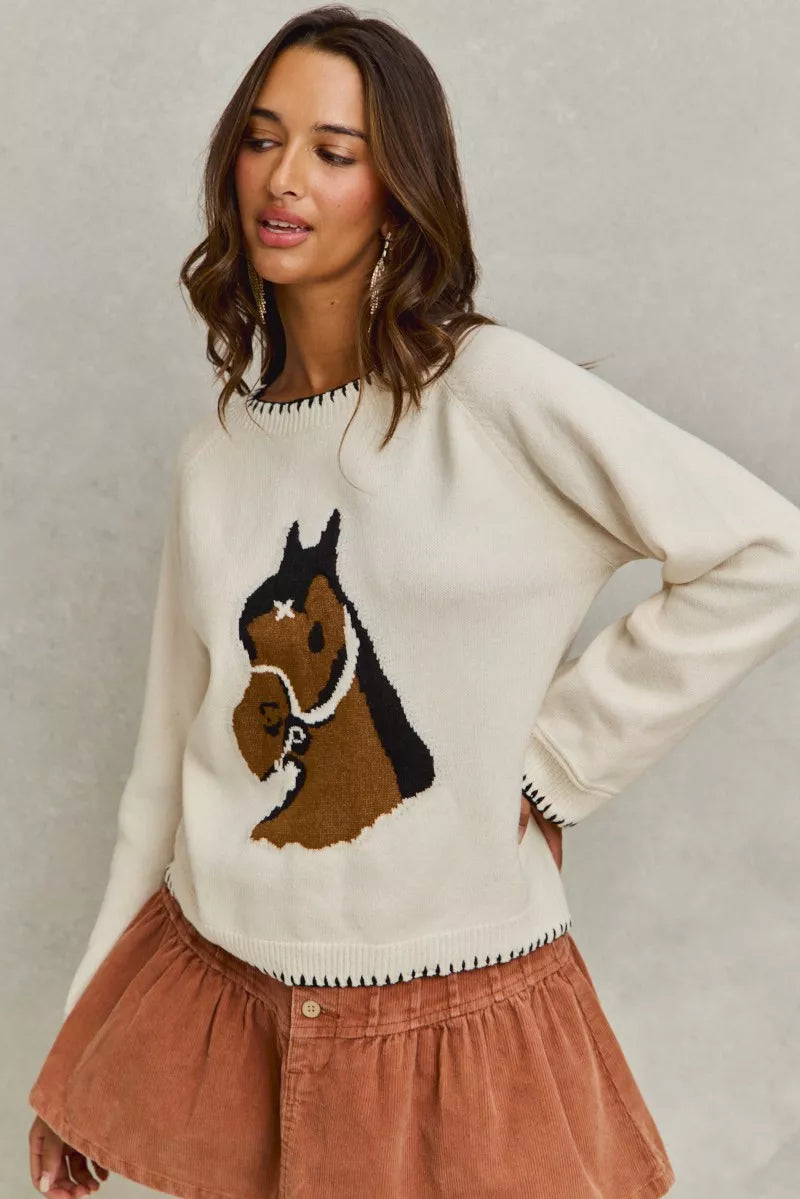 Horse Knit Sweater Top with Blanket Stitch-Sweater-Reef Love