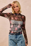 Shop Flower Printed Sheer Mesh Top with Thumb Opening-This stunning sheer mesh blouse features a romantic floral print in soft pink and coral tones against a dark base. Stretchy semi-transparent mesh fabric.-Reef Love Boho-Chic Boutique