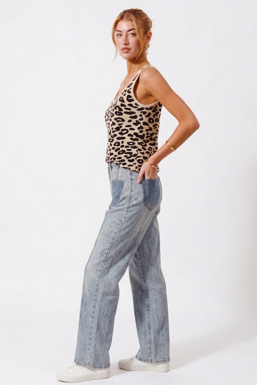 Chic leopard print knitted V-neck tank top, perfect for layering or warmer weather.