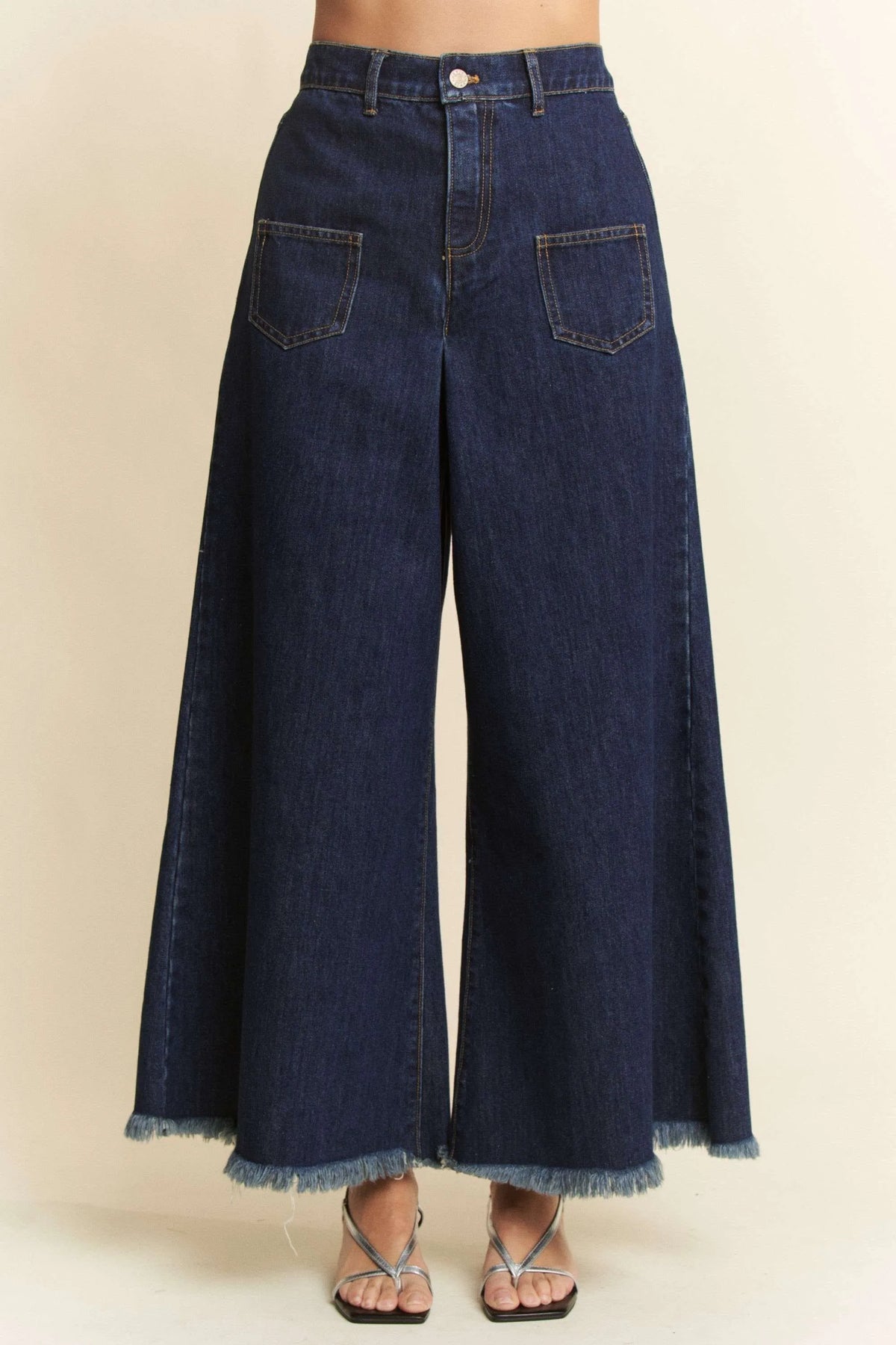 Dark Wash Raw Hem Wide-Leg Denim Culottes-Cropped Culotte Jeans-Reef Love