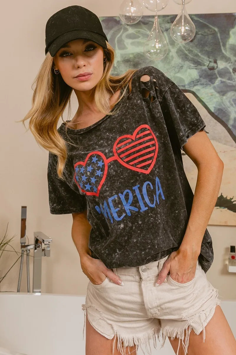 BiBi 4th Of July Theme Mineral Washed Laser Cut Top-T-Shirt-Reef Love
