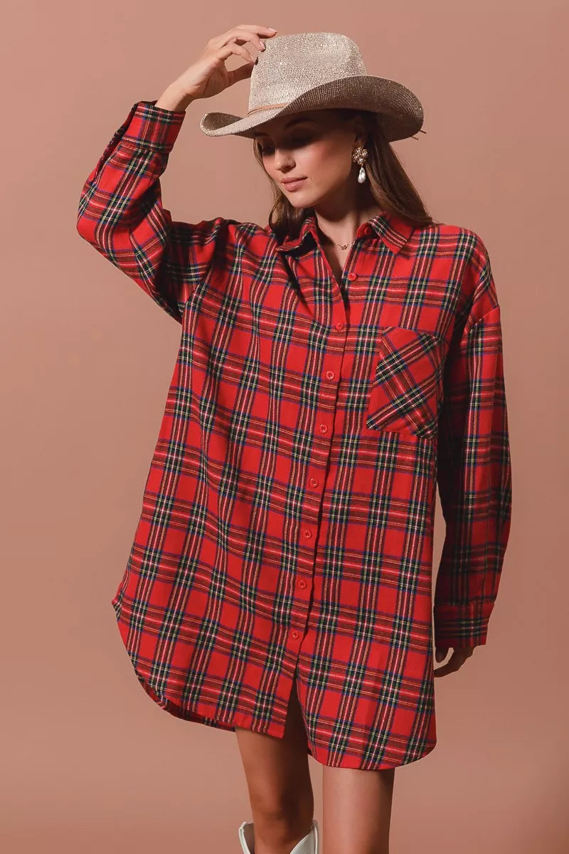 Christmas Checker Plaid Button Up Mini Shirt Dress