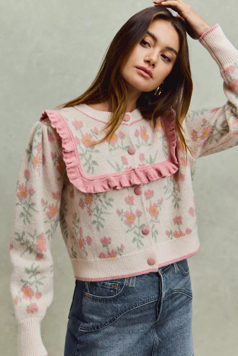 Flower With Ruffle Detailing Sweater Cardigan-So Me-Reef Love