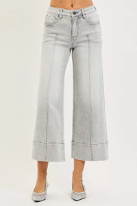 RISEN Tummy Control Mid Rise Crop Wide Pintuck Front Jeans, Grey Wash-RISEN-Reef Love