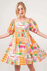 Square Neck Puff Sleeve Geo Printed Mini Dress-The square neck puff sleeve geo printed mini dress is a fashionable and eye-catching choice for a stylish ensemble. The square neckline adds a modern and chic touch-Reef Love Boho-Chic Boutique