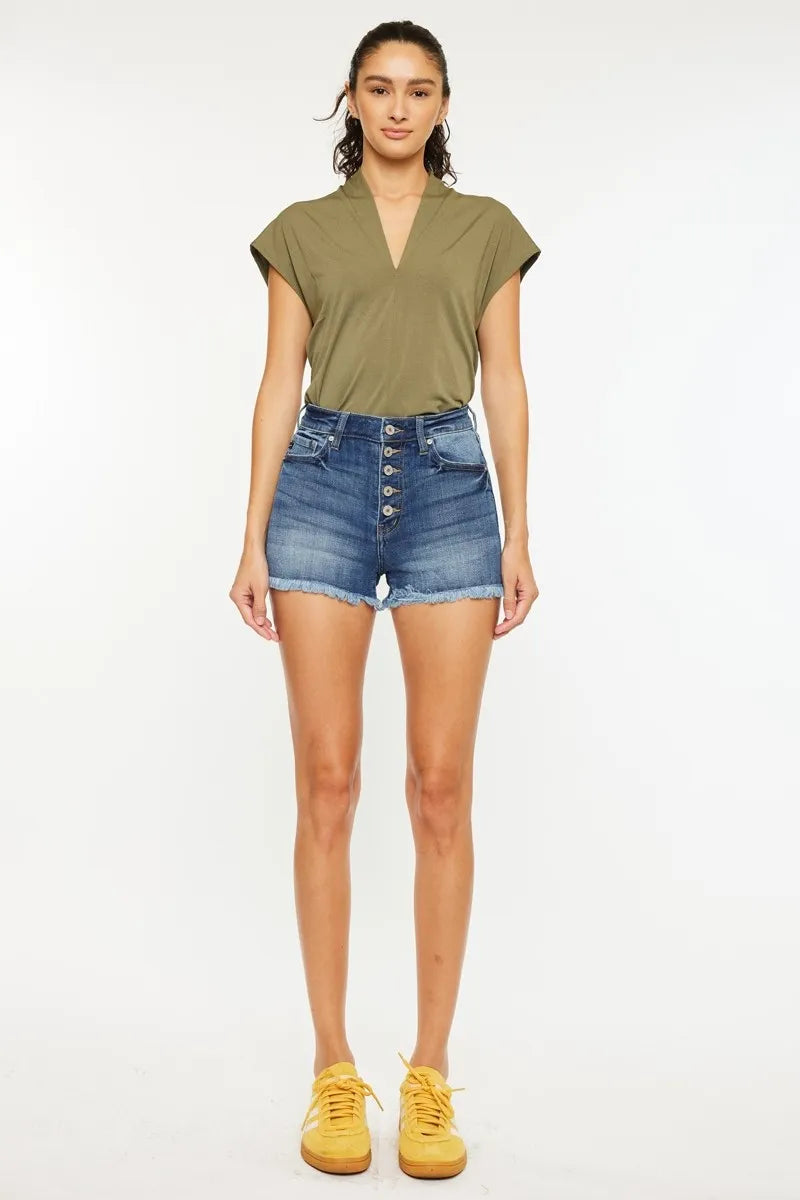 Kancan High Rise Frayed Hem Denim Shorts-Reef Love