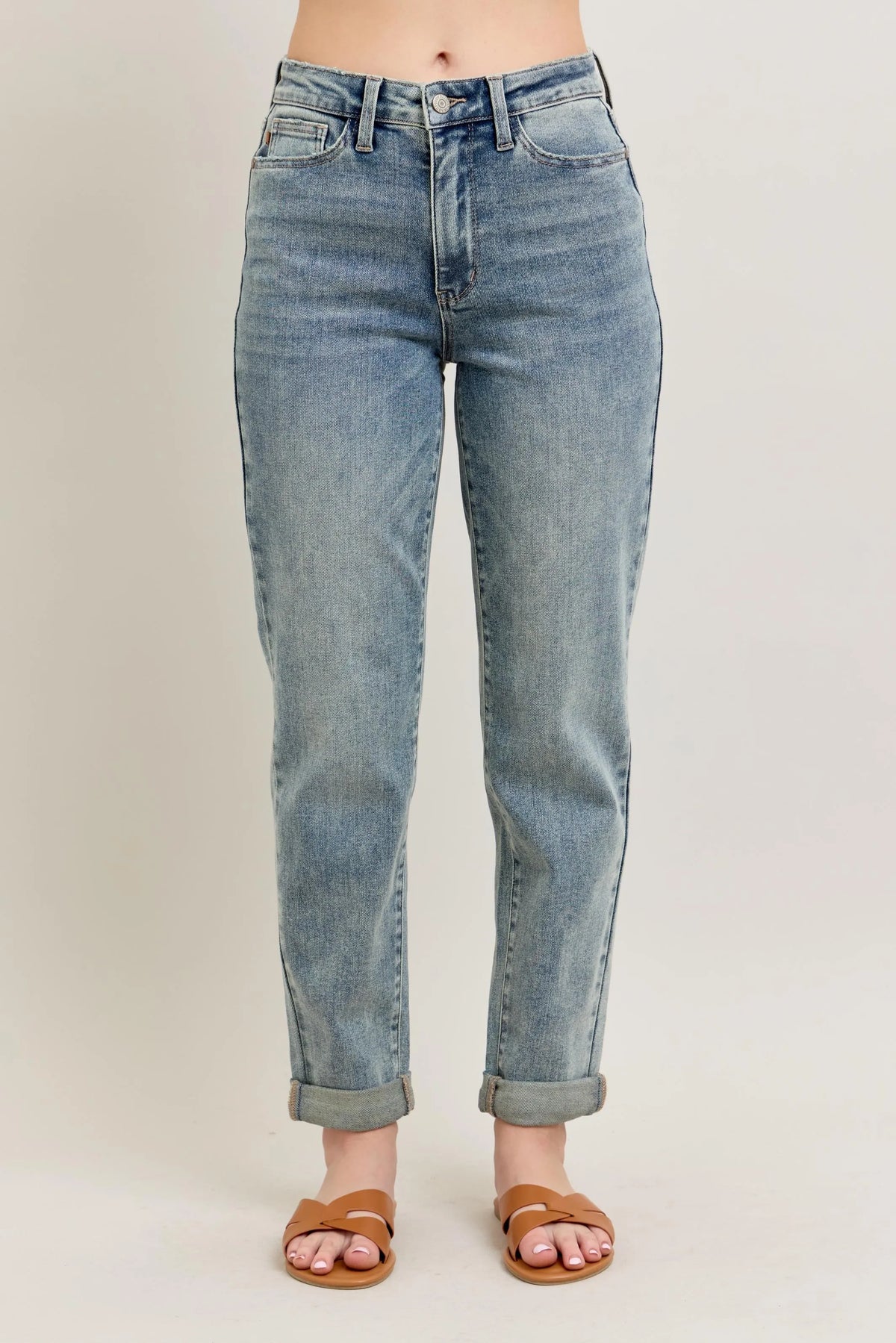 Judy Blue High Waist Vintage Wash Cuff Boyfriend Jeans-Reef Love