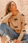 Ribbon Bow Applique Oatmeal Sweater-Reef Love