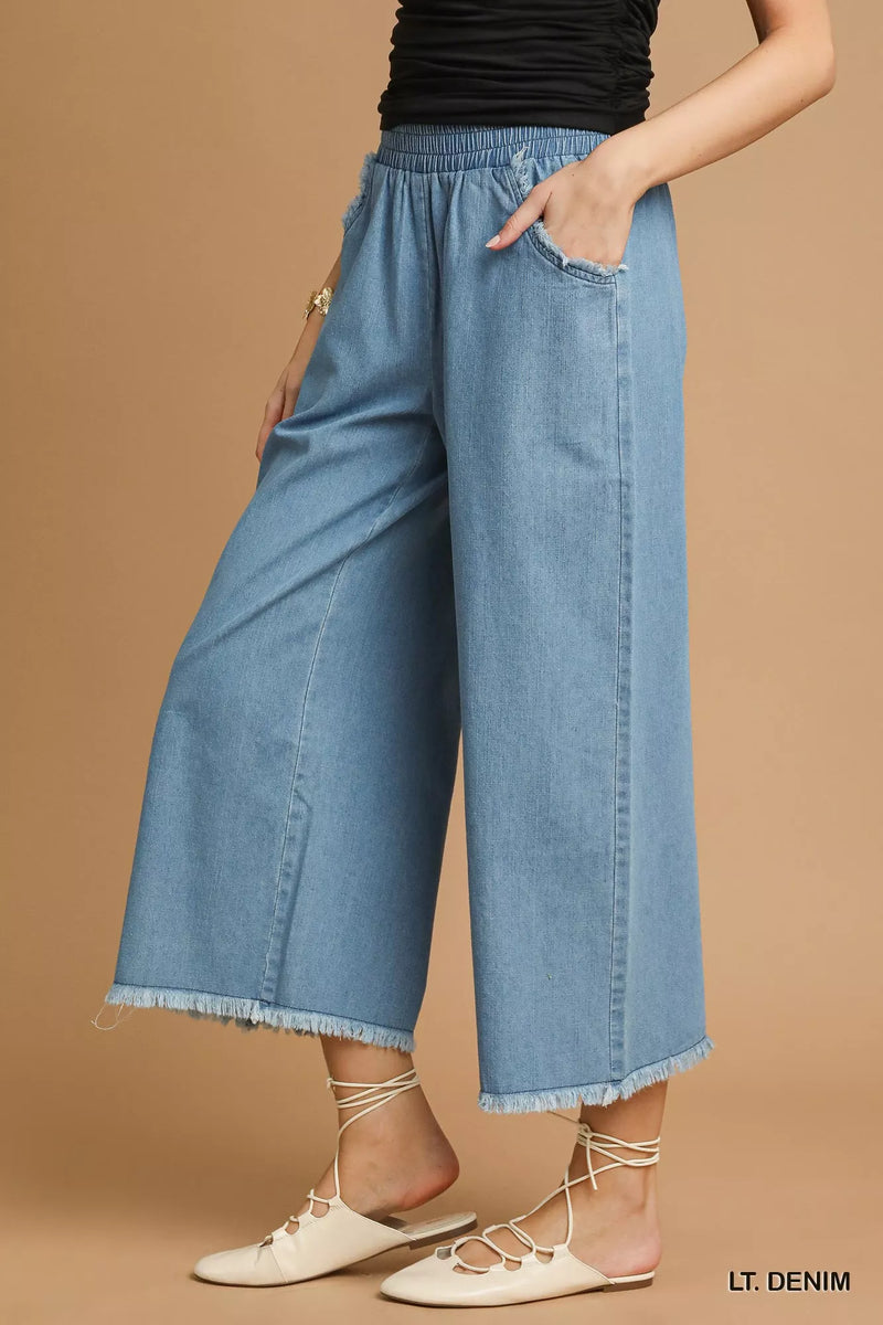 Washed Fringe Hem Wide Leg Jeans