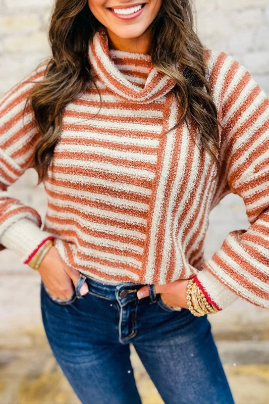 Stripe Cowl Neck Drop Shoulder Sweater-Reef Love