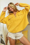 Woman wearing Honey Mustard Fleece Collared Sweatshirt-Fleece collared sweatshirt with flap pockets and button details. Cozy, stylish, and perfect for layering all season long, your new cozy fall favorite.