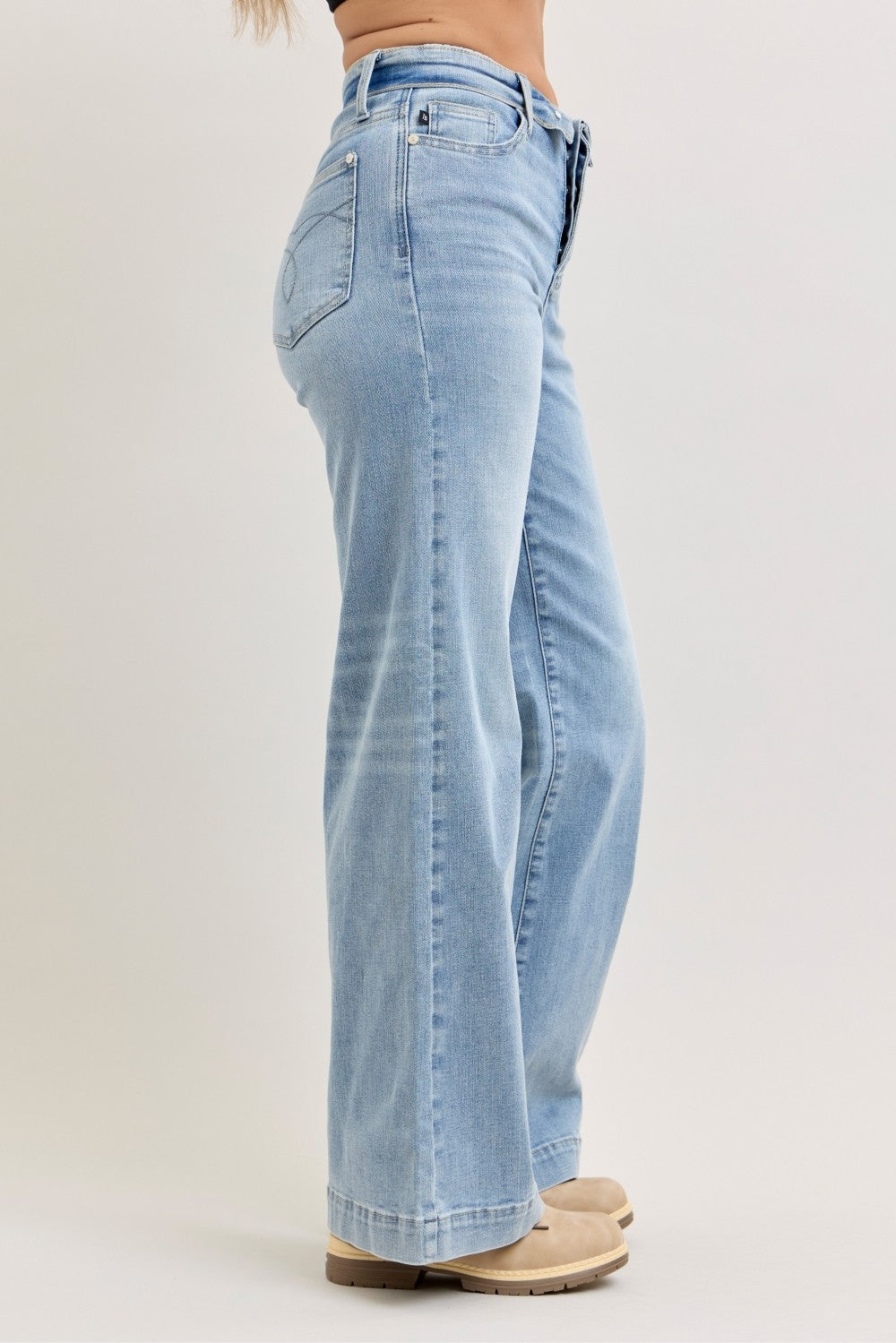 Judy Blue light wash mid-rise retro wide leg jeans with a stylish fold-over waistband.