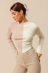 Taupe Color Block Fitted Crop Sweater