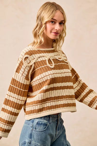 BiBi Striped Open Knit Sweater Top with Front Braided Detail-Trendsi-Reef Love