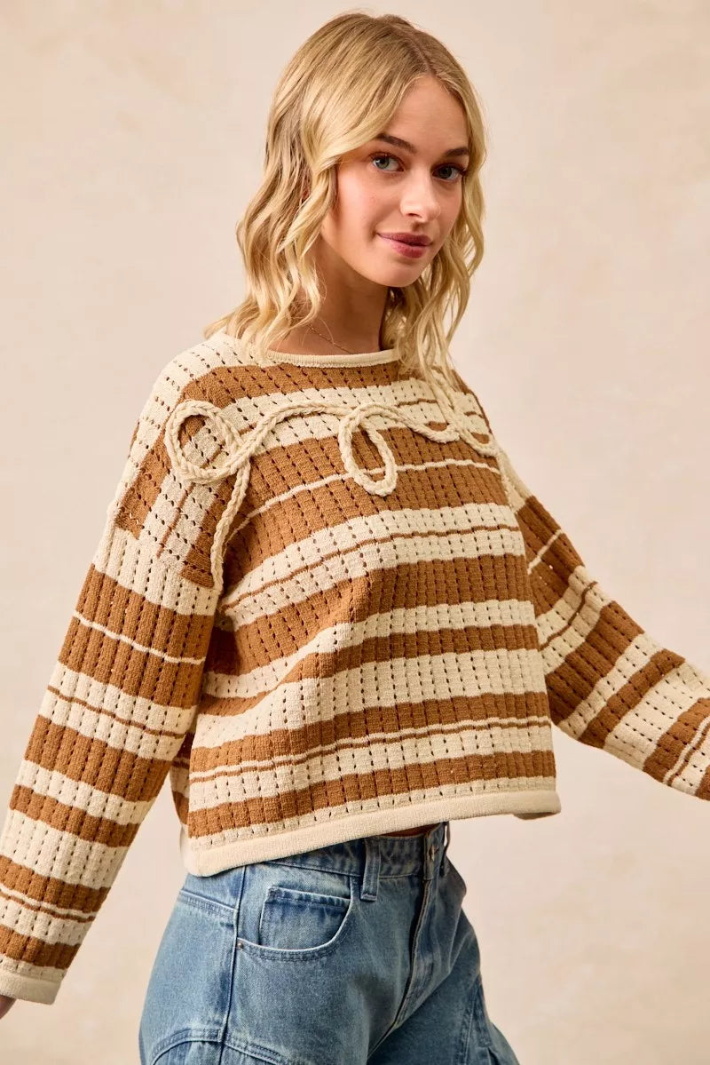 BiBi Striped Open Knit Sweater Top with Front Braided Detail-Trendsi-Reef Love