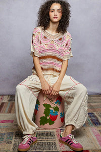 Weave Pattern Short Sleeve Crochet Top with Border Accents-Blouse-Reef Love