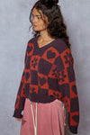 V-Neck Heart Pattern Checkered Oversized Sweater