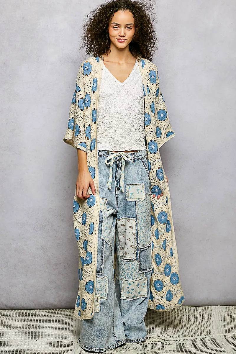 POL Open Front Floral Crochet Longline Cardigan, Sky Blue-Crochet Cardigan-Reef Love