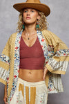 Shop POL Raw Edge Open Front Patchwork Cardigan with Floral Trim-available at Reef Love online boho-chic boutique