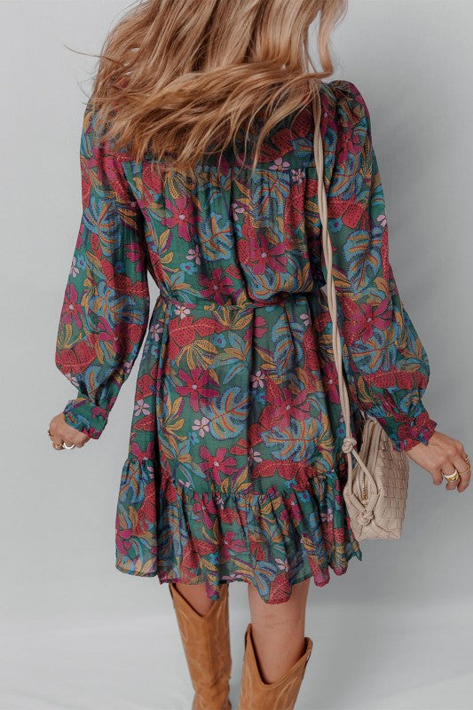 Floral Frilled V-Neck Puff Sleeve Ruffle Shirt Dress-JUNIPER BLVD-Reef Love