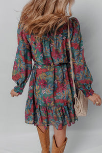 Floral Frilled V-Neck Puff Sleeve Ruffle Shirt Dress-JUNIPER BLVD-Reef Love