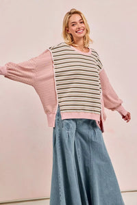 Stripe Mixed Top With Cut Edge And Reverse Outseam