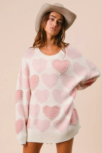 Heart Pattern Sweater with Pearl Detail-BiBi-Reef Love