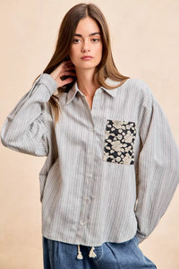 Flower Jacquard Knit Patch Pocket Stripe Shirt-BiBi-Reef Love