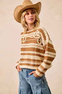 BiBi Striped Open Knit Sweater Top with Front Braided Detail-Trendsi-Reef Love