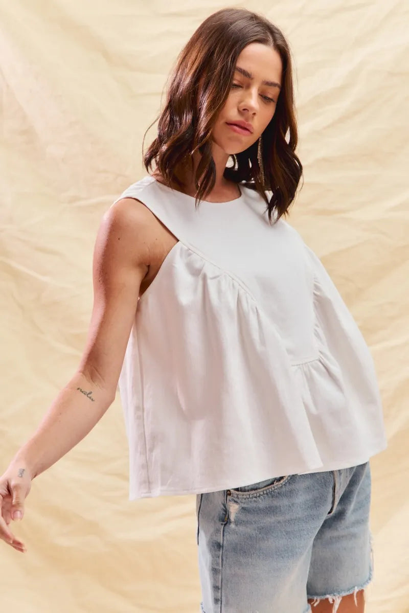 Game Day White Denim Ruched Sleeveless Top