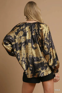 Gold Metallic Blouse with Balloon Sleeves-Gold metallic blouse with balloon sleeves on black base. Oversized, eye-catching fit with a glamorous finish—perfect for parties, date nights, or holidays.-Reef Love Boutique