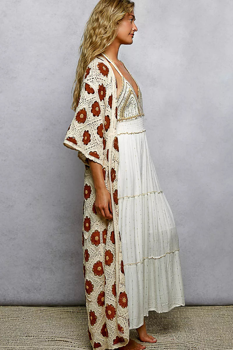 POL Open Front Floral Crochet Longline Cardigan, Chestnut-Crochet Cardigan-Reef Love